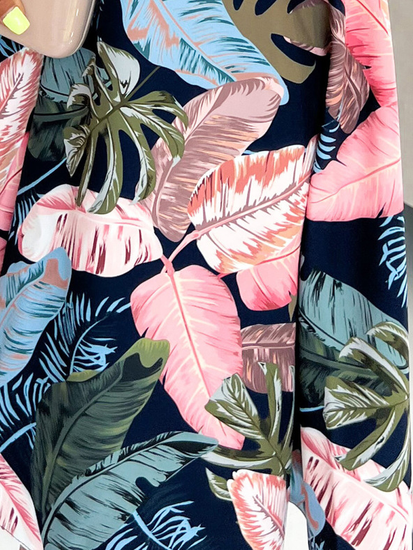 numoco Obleka s sladkim izrezom - temno modra z rožnatimi listi Numoco