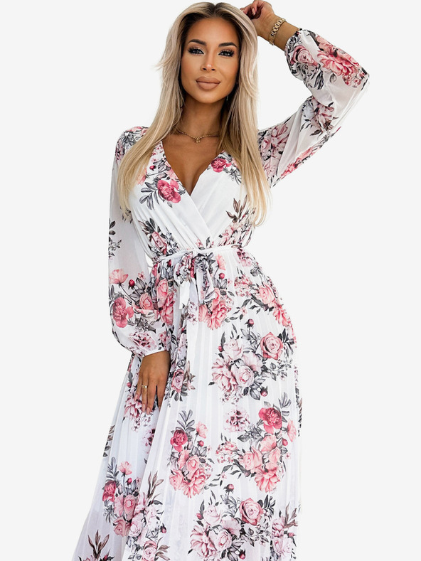 numoco Plisirana midi obleka z izrezom, dolgimi rokavi in pasom - bela z rdečimi vrtnicami Numoco GEPPI