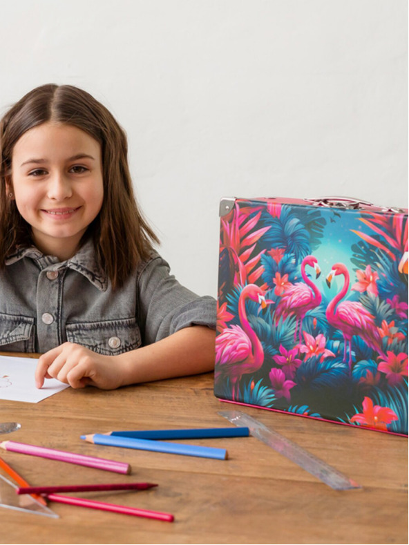 BAAGL  Rožnata zložljiva šolska torba s priborom Baagl Flamingi