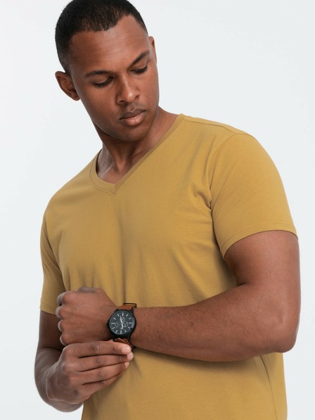 Ombre Clothing Moška klasična bombažna majica BASIC z vogalom - gorčična V8 OM-TSBS-0145 Ombre Clothing