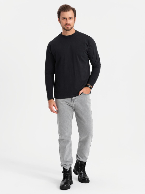 Ombre Clothing Moška bombažna majica LOOSE FIT z dolgimi rokavi in okroglim vratom - črna V1 OM-LSBC-0129 Ombre Clothing