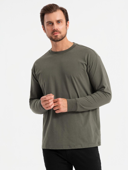 Ombre Clothing Moška bombažna majica LOOSE FIT z dolgimi rokavi in okroglim vratom - sivo-zelena V3 OM-LSBC-0129 Ombre Clothing