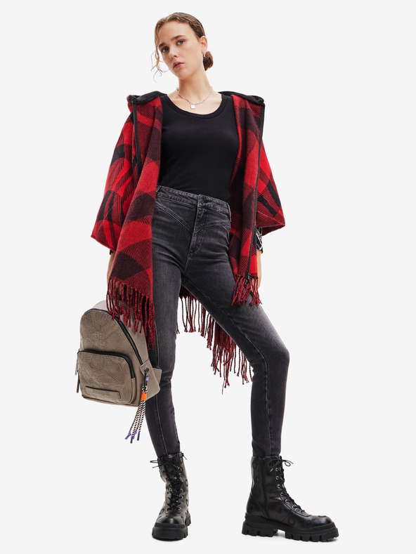 Desigual Črno-rdeč karirasti pončo Desigual Checkys Arenal/Zipper za ženske