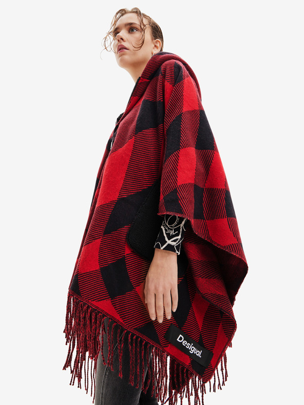 Desigual Črno-rdeč karirasti pončo Desigual Checkys Arenal/Zipper za ženske