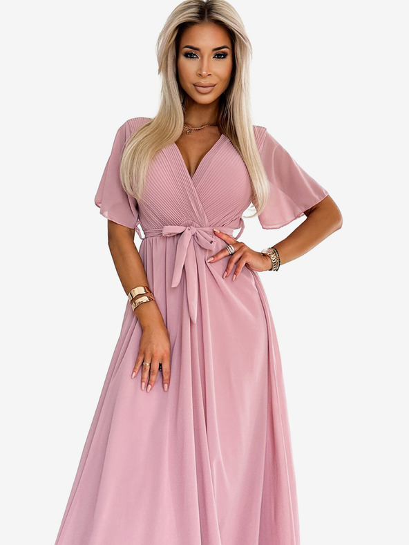 numoco Dolga obleka z plisiranim izrezom in zavezovanjem - pudrasto roza Numoco