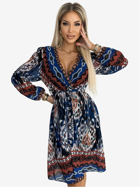 numoco Šifonska obleka z dolgimi rokavi, vratom in dolgimi rokavi - indijanski vzorec Numoco