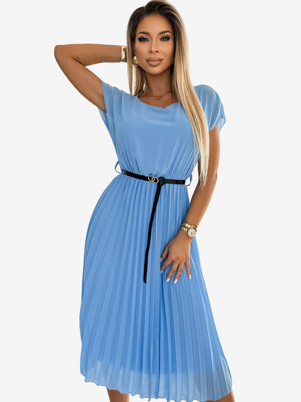 numoco Plisirana midi obleka s črnim pasom - svetlo modra Numoco