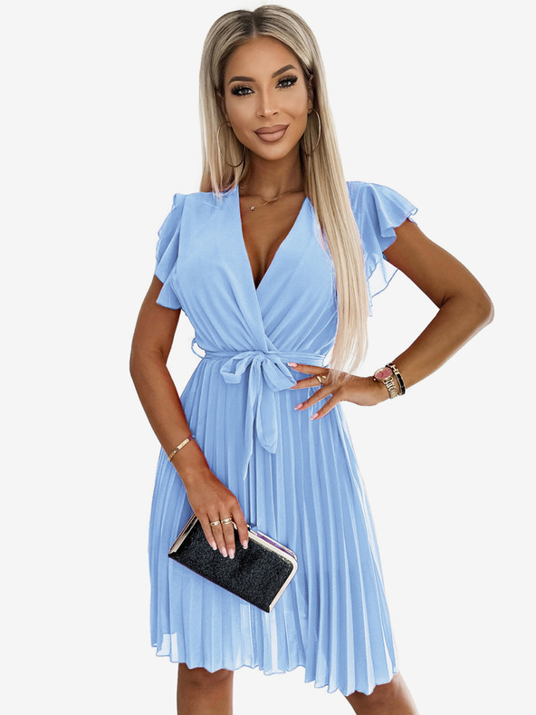 numoco Šifonska nagubana obleka z naboranim izrezom - svetlo modra Numoco