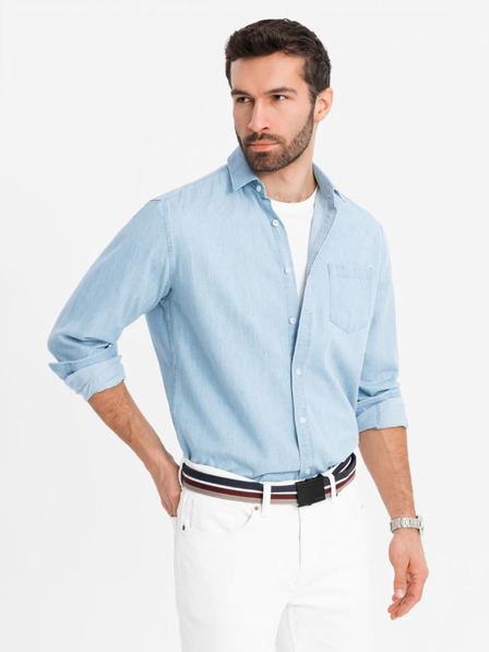 Ombre Clothing Moška majica iz džinsa z izvezenim žepom - svetlo modra Ombre Clothing