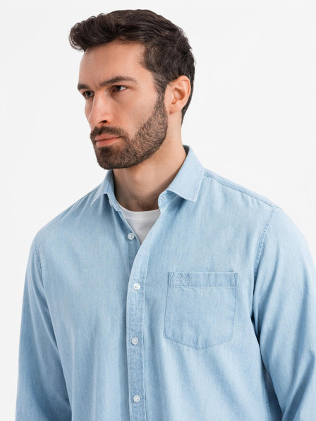 Ombre Clothing Moška majica iz džinsa z izvezenim žepom - svetlo modra Ombre Clothing