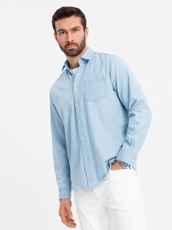 Ombre Clothing Moška majica iz džinsa z izvezenim žepom - svetlo modra Ombre Clothing