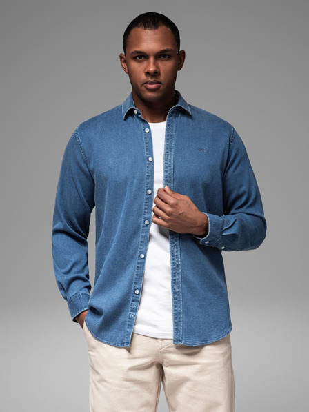Ombre Clothing Moška majica iz džinsa z liocelom in vezenino na prsih - modra Ombre Clothing