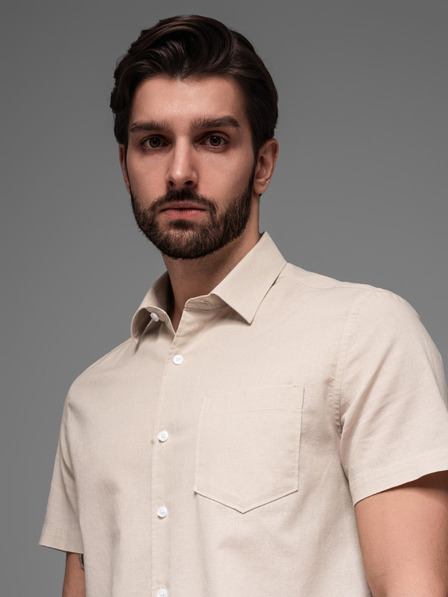 Ombre Clothing Moška srajca s kratkimi rokavi in kubanskim ovratnikom Bež Ombre oblačila