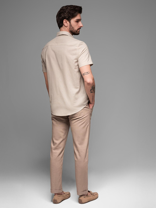 Ombre Clothing Moška srajca s kratkimi rokavi in kubanskim ovratnikom Bež Ombre oblačila