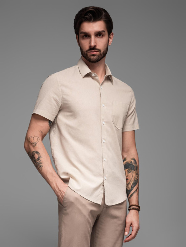 Ombre Clothing Moška srajca s kratkimi rokavi in kubanskim ovratnikom Bež Ombre oblačila