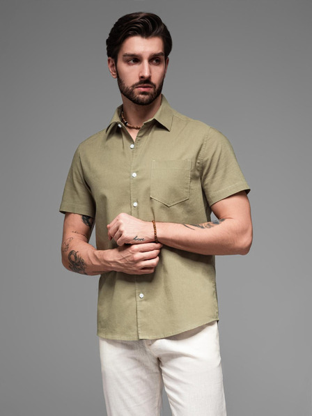 Ombre Clothing Moška srajca s kratkimi rokavi s kubanskim ovratnikom kaki Ombre oblačila