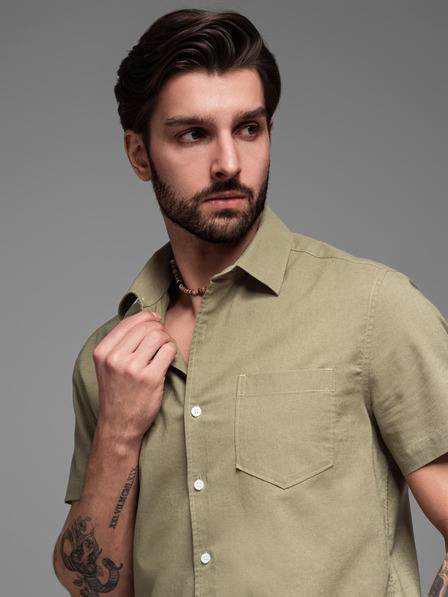 Ombre Clothing Moška srajca s kratkimi rokavi s kubanskim ovratnikom kaki Ombre oblačila