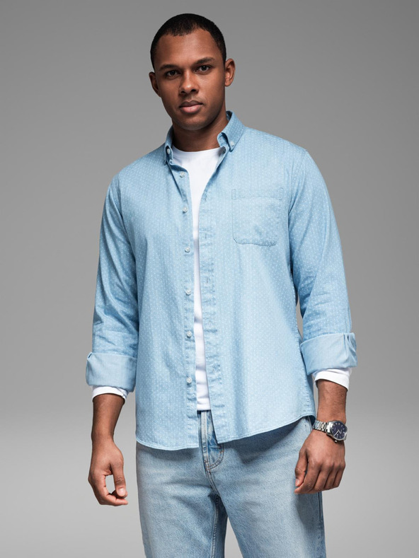 Ombre Clothing Moška srajca iz finega džinsa z vzorcem in žepom - svetlo modra Ombre Clothing
