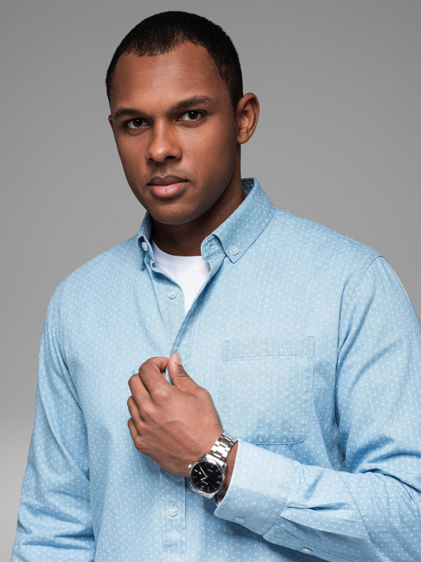 Ombre Clothing Moška srajca iz finega džinsa z vzorcem in žepom - svetlo modra Ombre Clothing