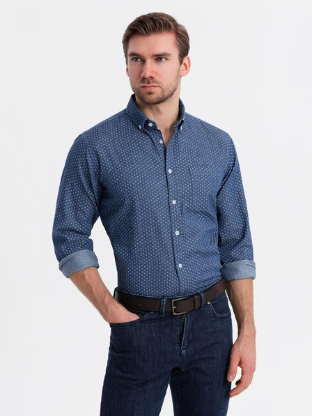 Ombre Clothing Moška srajca iz finega džinsa z vzorcem in žepom - modra Ombre Clothing