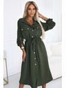 numoco 531-5 Midi srajčna obleka z zlatimi gumbi in kravato - KAKI