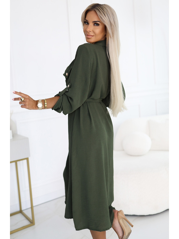 numoco 531-5 Midi srajčna obleka z zlatimi gumbi in kravato - KAKI