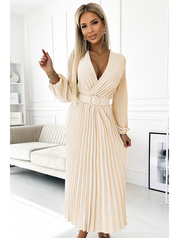 numoco 504-7 VIVIANA Naguban midi kroj z V-izrezom, dolgimi rokavi in širokim pasom - svetlo bež
