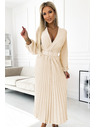 numoco 504-7 VIVIANA Naguban midi kroj z V-izrezom, dolgimi rokavi in širokim pasom - svetlo bež