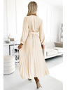 numoco 504-7 VIVIANA Naguban midi kroj z V-izrezom, dolgimi rokavi in širokim pasom - svetlo bež