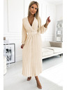 numoco 504-7 VIVIANA Naguban midi kroj z V-izrezom, dolgimi rokavi in širokim pasom - svetlo bež