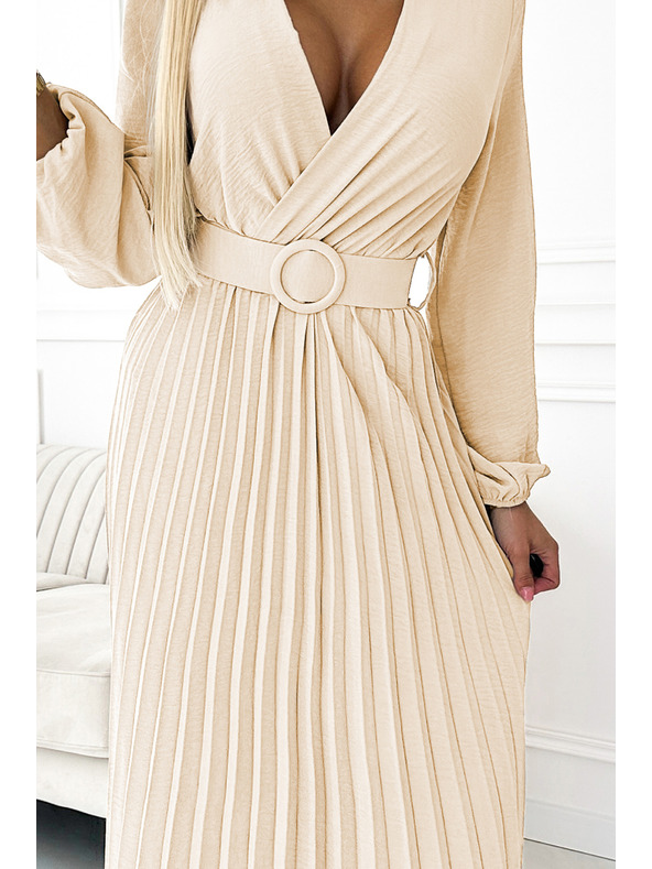numoco 504-7 VIVIANA Naguban midi kroj z V-izrezom, dolgimi rokavi in širokim pasom - svetlo bež