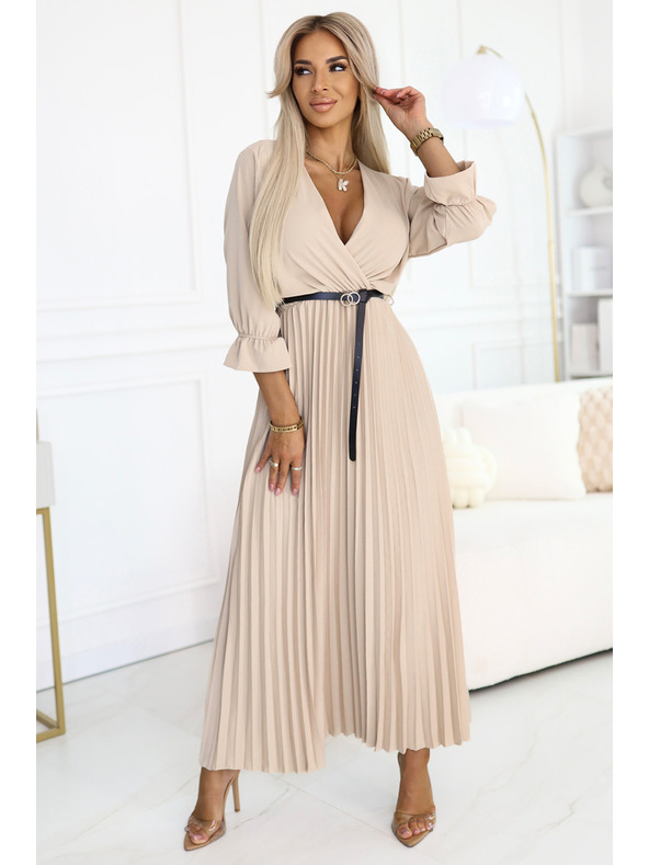 numoco 462-5 SERENA Nagurane maxi obleke z izrezom, pasom in 3/4 rokavi - TEMNO BEŽ