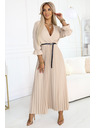 numoco 462-5 SERENA Nagurane maxi obleke z izrezom, pasom in 3/4 rokavi - TEMNO BEŽ