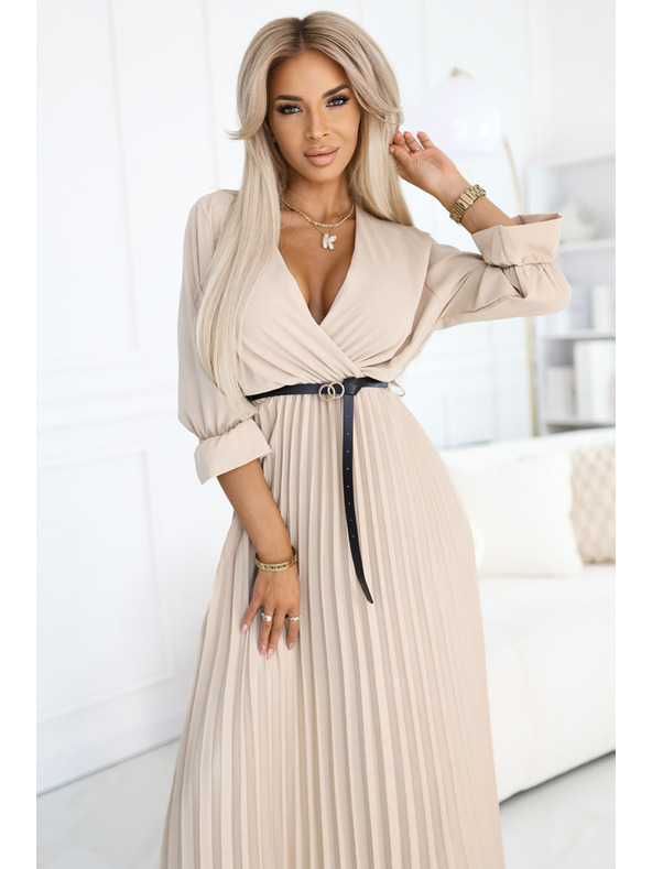 numoco 462-5 SERENA Nagurane maxi obleke z izrezom, pasom in 3/4 rokavi - TEMNO BEŽ