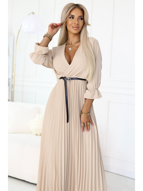 numoco 462-5 SERENA Nagurane maxi obleke z izrezom, pasom in 3/4 rokavi - TEMNO BEŽ