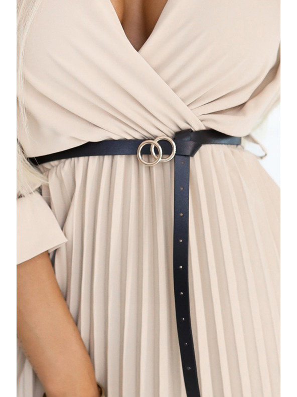 numoco 462-5 SERENA Nagurane maxi obleke z izrezom, pasom in 3/4 rokavi - TEMNO BEŽ