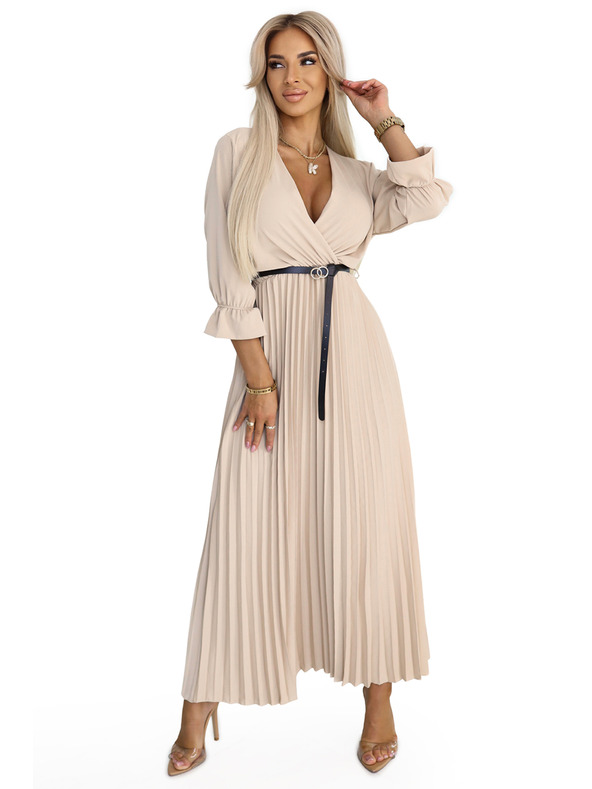 numoco 462-5 SERENA Nagurane maxi obleke z izrezom, pasom in 3/4 rokavi - TEMNO BEŽ