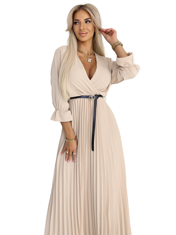 numoco 462-5 SERENA Nagurane maxi obleke z izrezom, pasom in 3/4 rokavi - TEMNO BEŽ