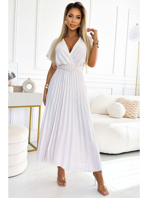 numoco 585-1 Nagurane poletne midi obleke z izrezom in Wide pasom - ecru