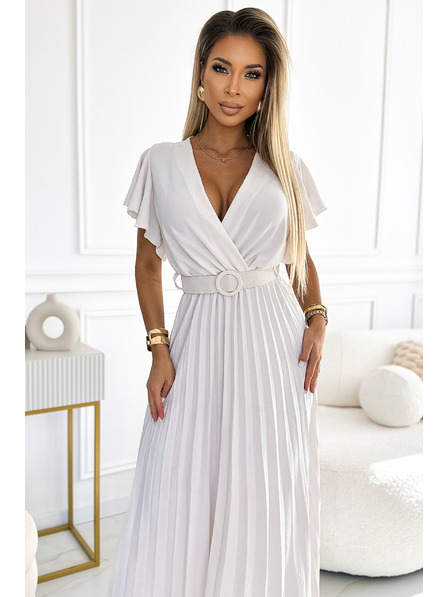 numoco 585-1 Nagurane poletne midi obleke z izrezom in Wide pasom - ecru