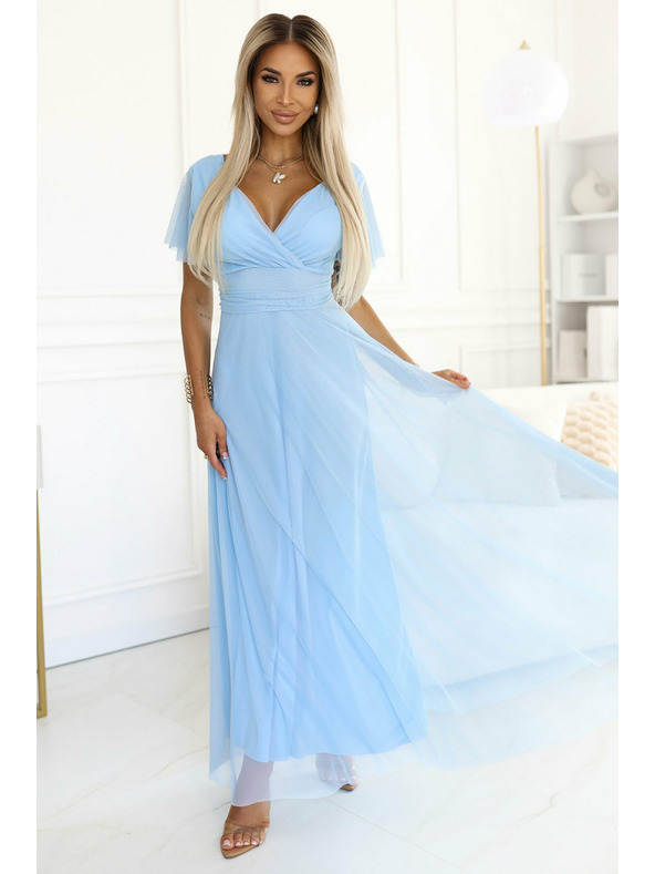 numoco 562-5 NASTIA Dolge obleke z izrezom in kratkimi rokavi - svetlo modre