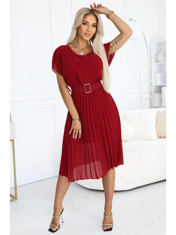 numoco 465-5 MIA Naguban šifon midi obleke z Wide pasom - vinsko rdeče