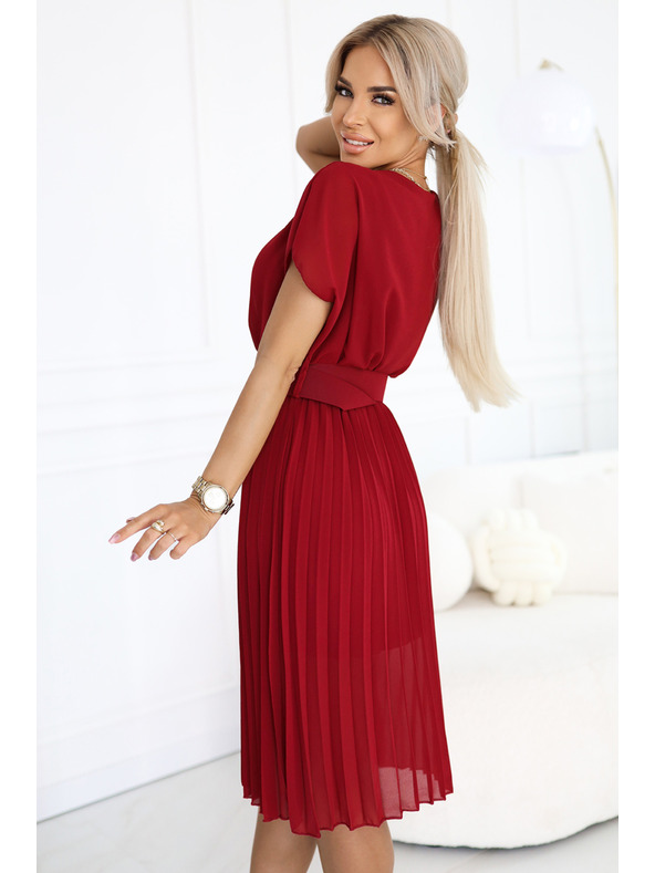 numoco 465-5 MIA Naguban šifon midi obleke z Wide pasom - vinsko rdeče