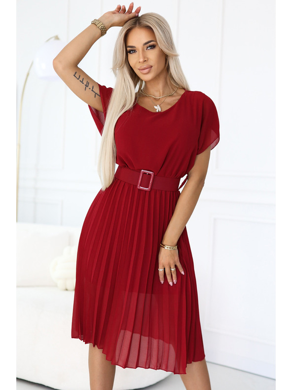 numoco 465-5 MIA Naguban šifon midi obleke z Wide pasom - vinsko rdeče