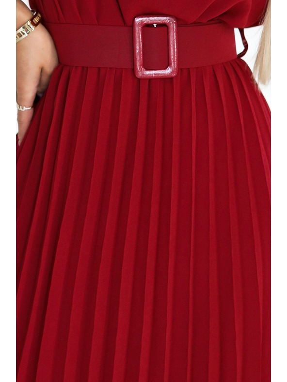 numoco 465-5 MIA Naguban šifon midi obleke z Wide pasom - vinsko rdeče