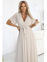 numoco 545-3 Dolge obleke z nagubanim izrezom in zavezovanjem - bež
