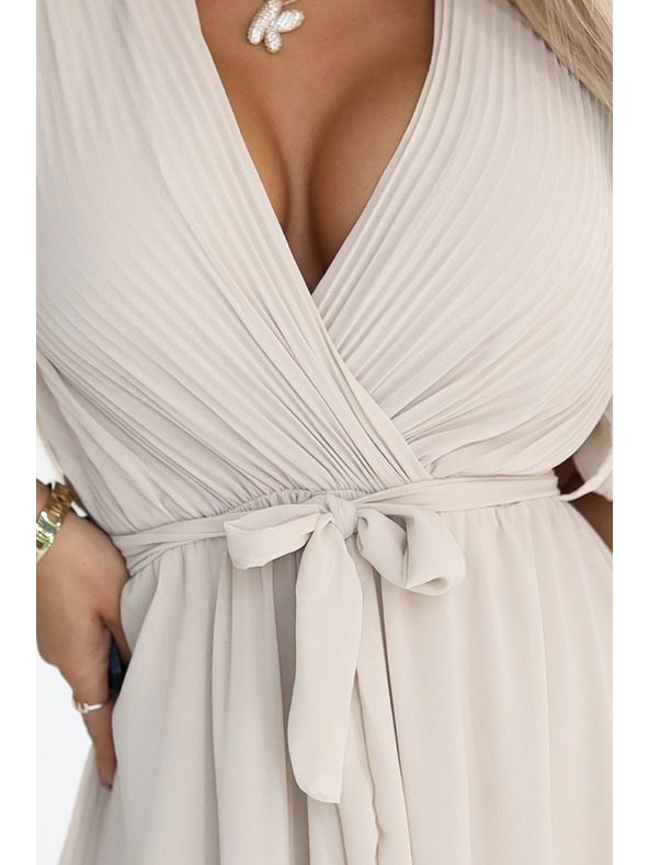 numoco 545-3 Dolge obleke z nagubanim izrezom in zavezovanjem - bež