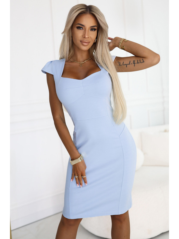 numoco 318-8 Elegantne midi obleke z lepim izrezom - svetlo modre