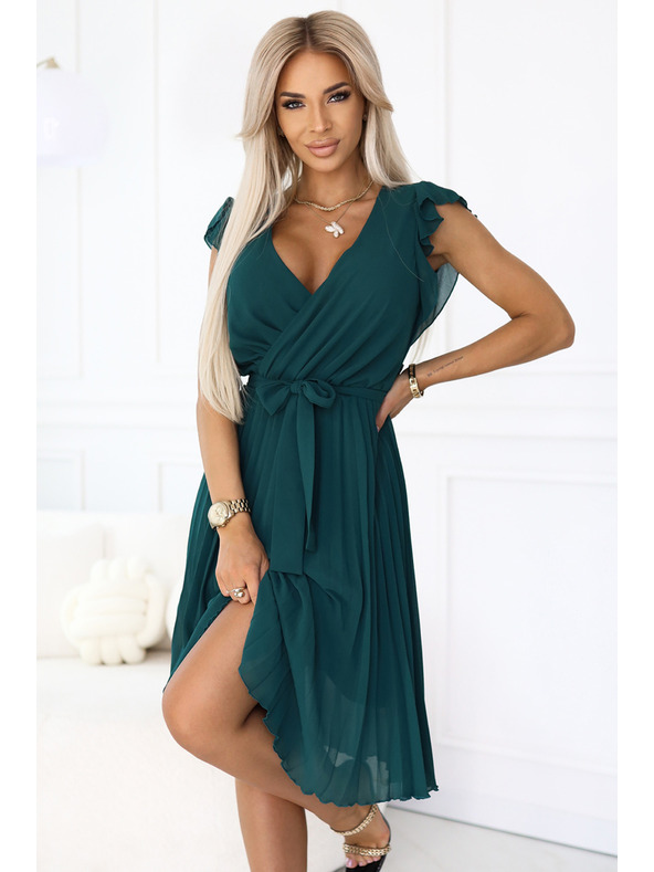 numoco 374-8 POLINA Nagubane obleke z izrezom in volani - zelene