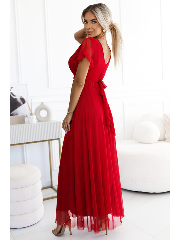 numoco 562-7 NASTIA Dolge obleke z izrezom in kratkimi rokavi - rdeče